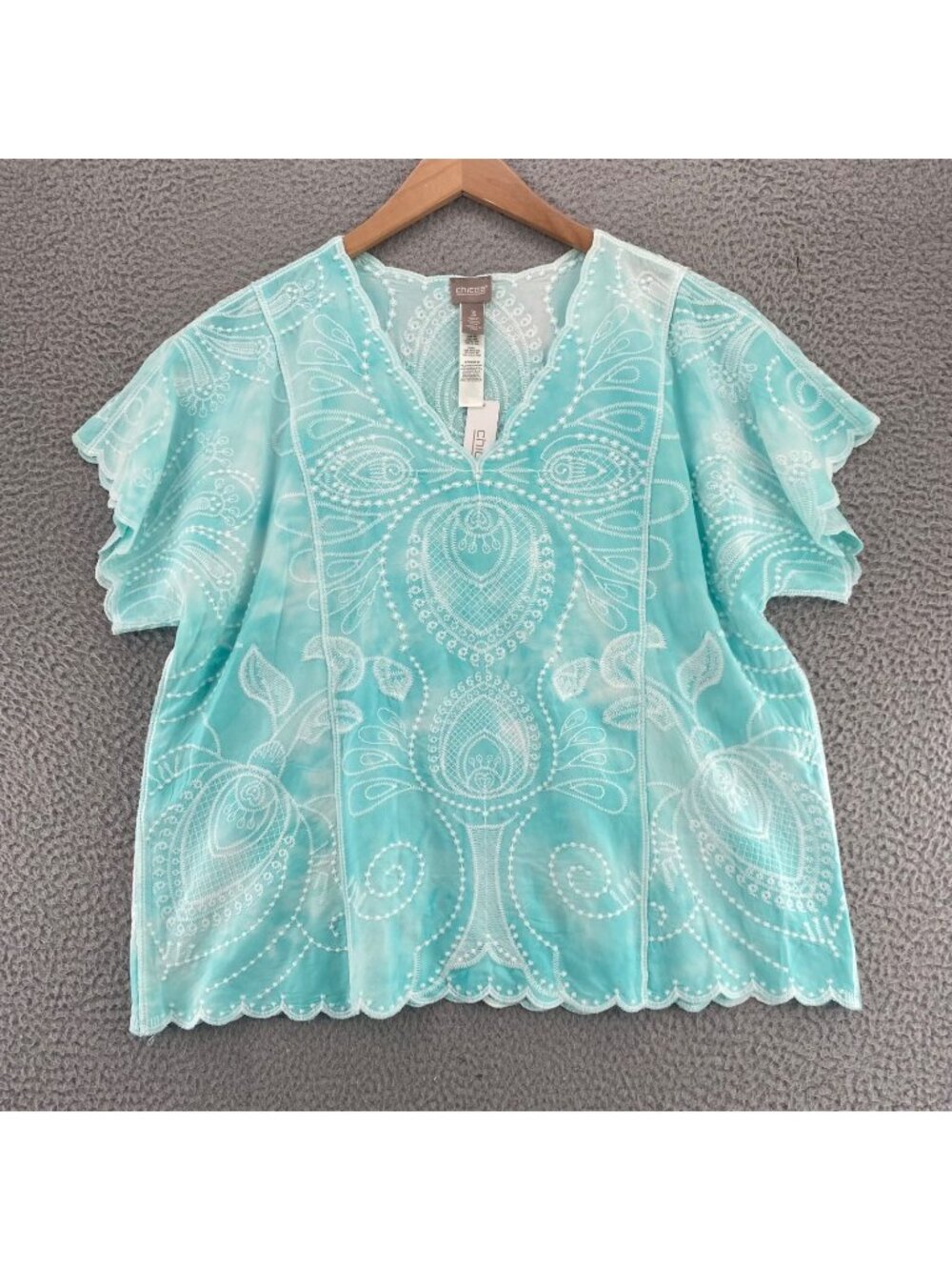 Chicos Top Womens 3 US Extra Large Blue Tie Dye Embroidered Short Sleeves NWT